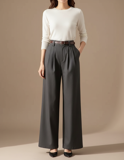 Pantalon Chino Gris Ample Élégant Femme - Gabardine