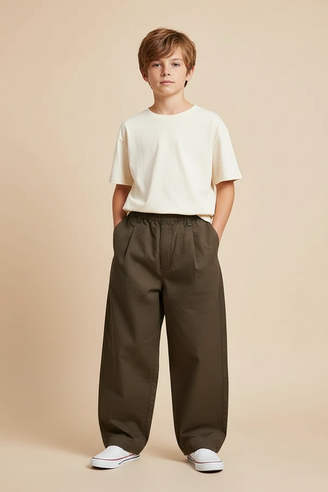 Pantalon Chino Vert Olive Ample Décontracté Coton Enfant - Kaki