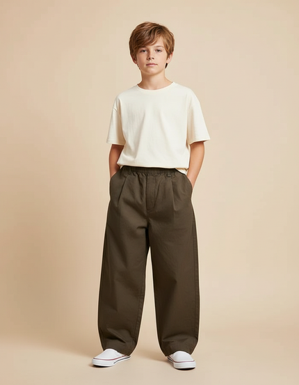 Pantalon Chino Vert Olive Ample Décontracté Coton Enfant - Kaki
