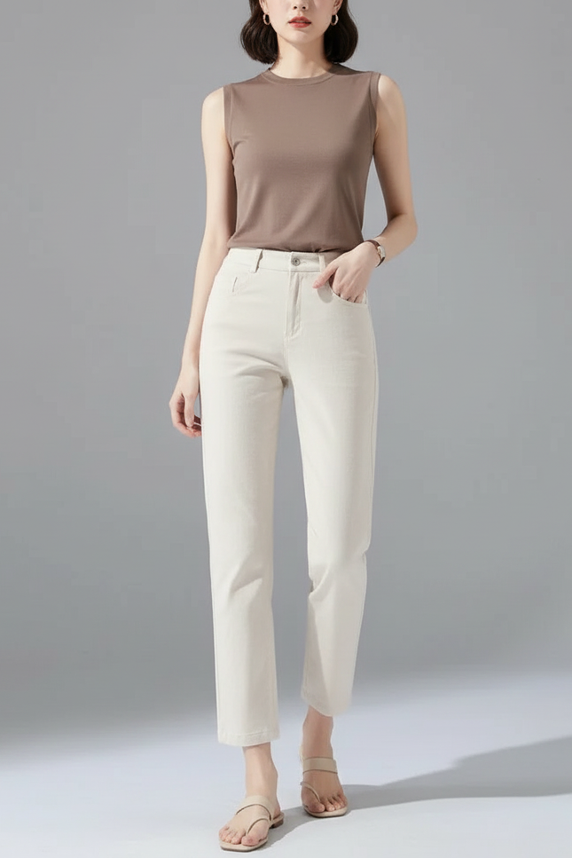 Pantalon Chino Beige Clair Coupe Droite Coton Décontracté