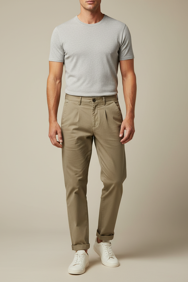 Pantalon Chino Kaki Coton Plissé Tapered Homme