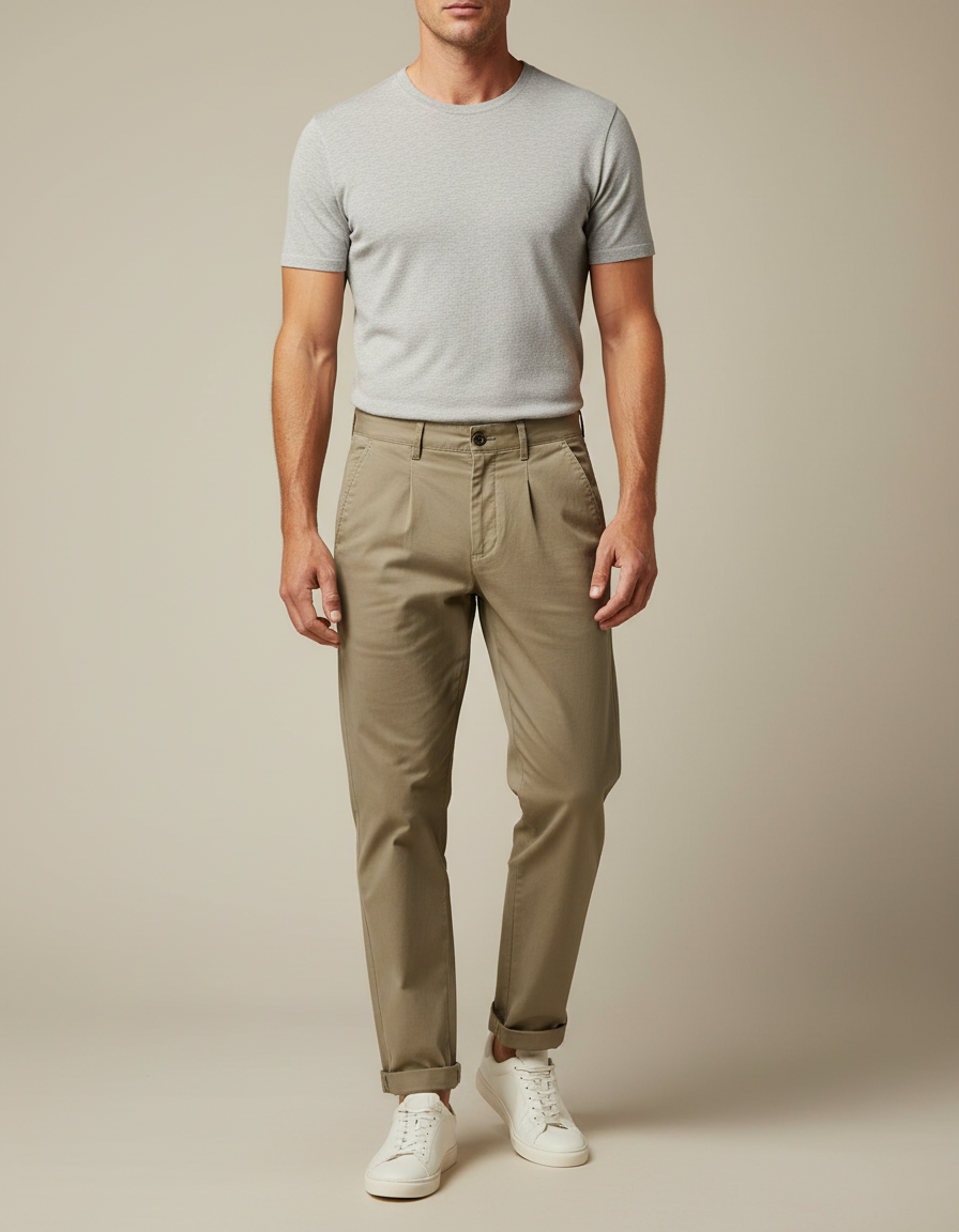 Pantalon Chino Kaki Coton Plissé Tapered Homme