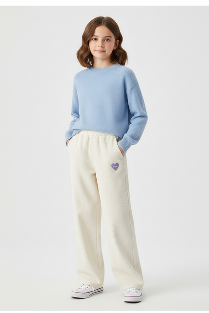 Pantalon Chino Crème Côtelé Ample Brodé Cœur Fille - Beige Cordé