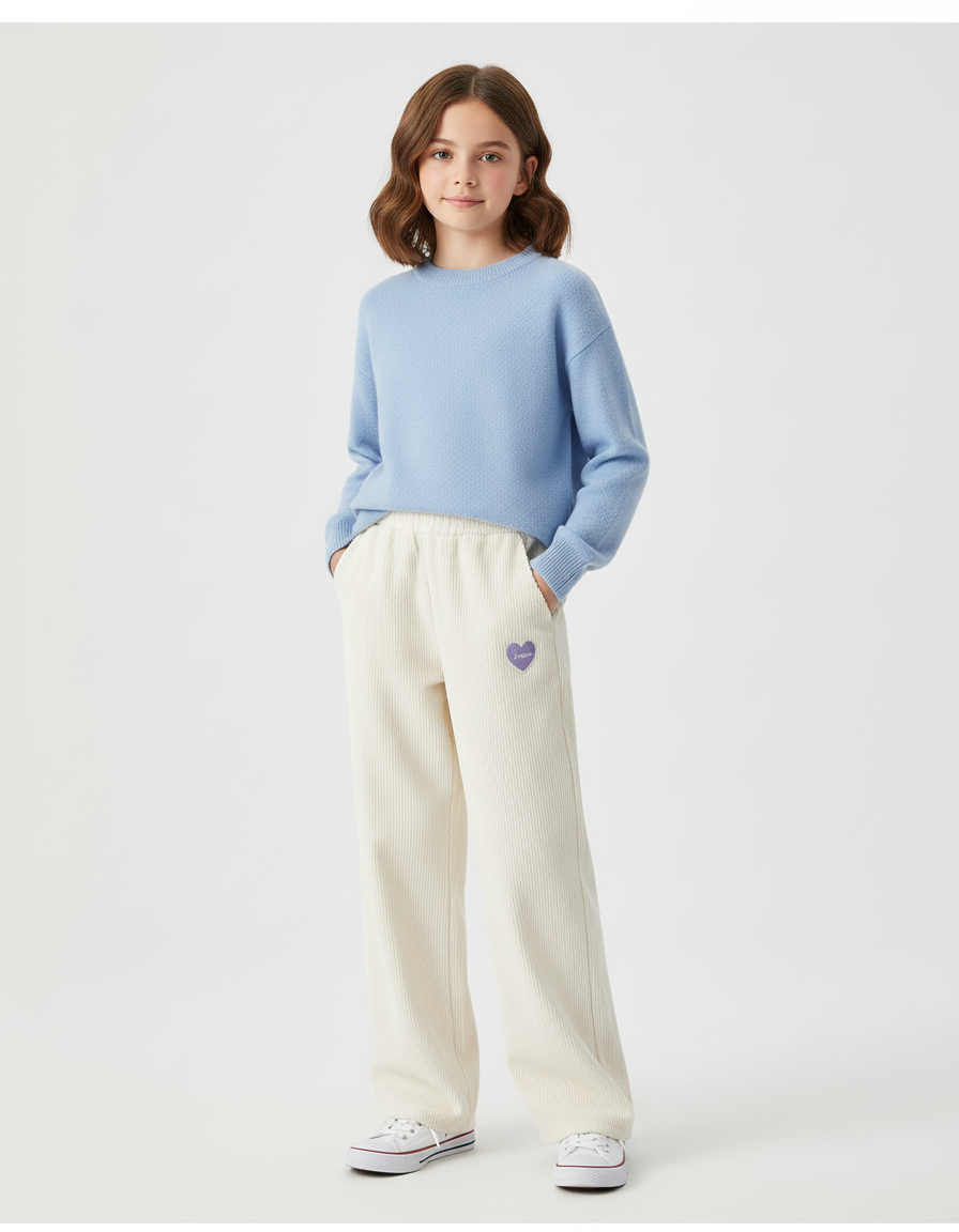 Pantalon Chino Crème Côtelé Ample Brodé Cœur Fille - Beige Cordé