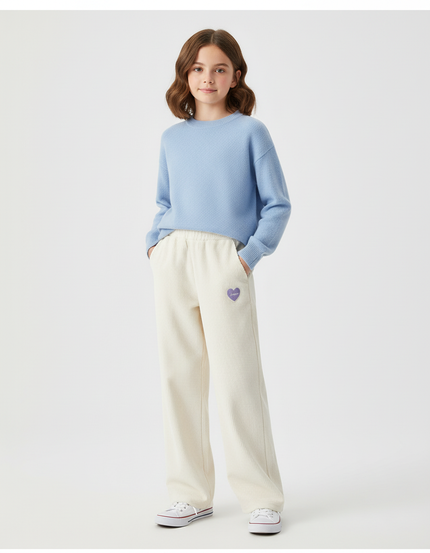 Pantalon Chino Crème Côtelé Ample Brodé Cœur Fille - Beige Cordé