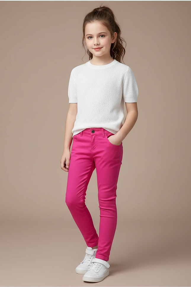 Pantalon Chino Rose Vif Skinny Fille Décontracté - Coton