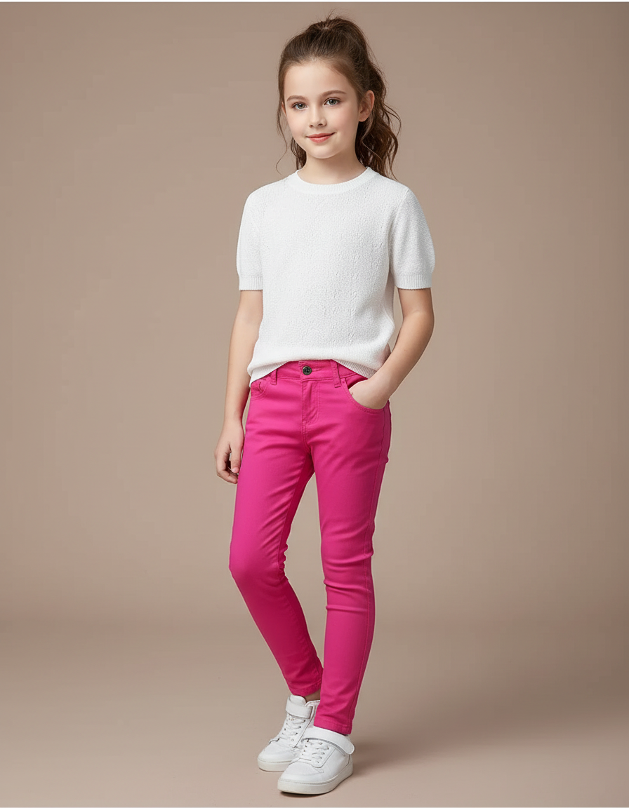 Pantalon Chino Rose Vif Skinny Fille Décontracté - Coton