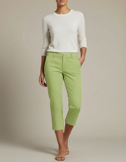 Pantalon Chino Vert Clair Capri Décontracté Femme - Gabardine