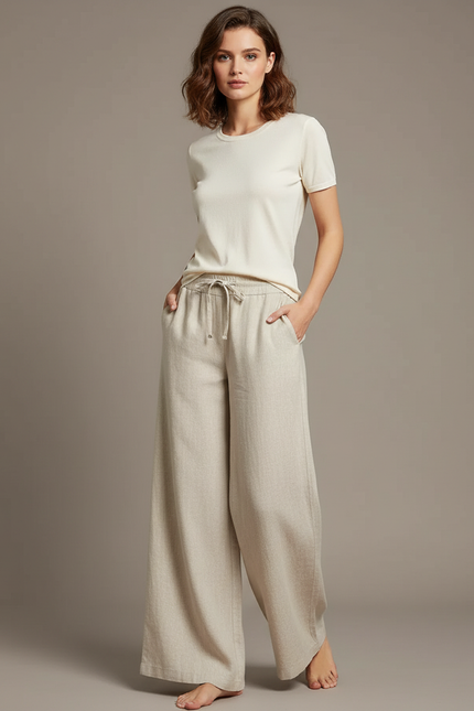 Pantalon Chino Beige Lin Ample Cordon Fluide