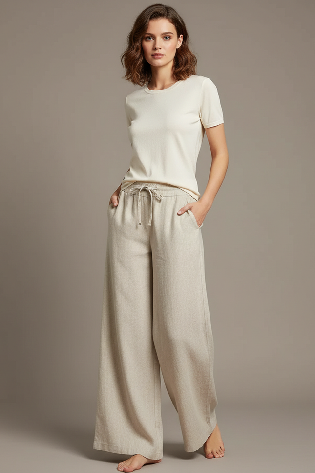 Pantalon Chino Beige Lin Ample Cordon Fluide