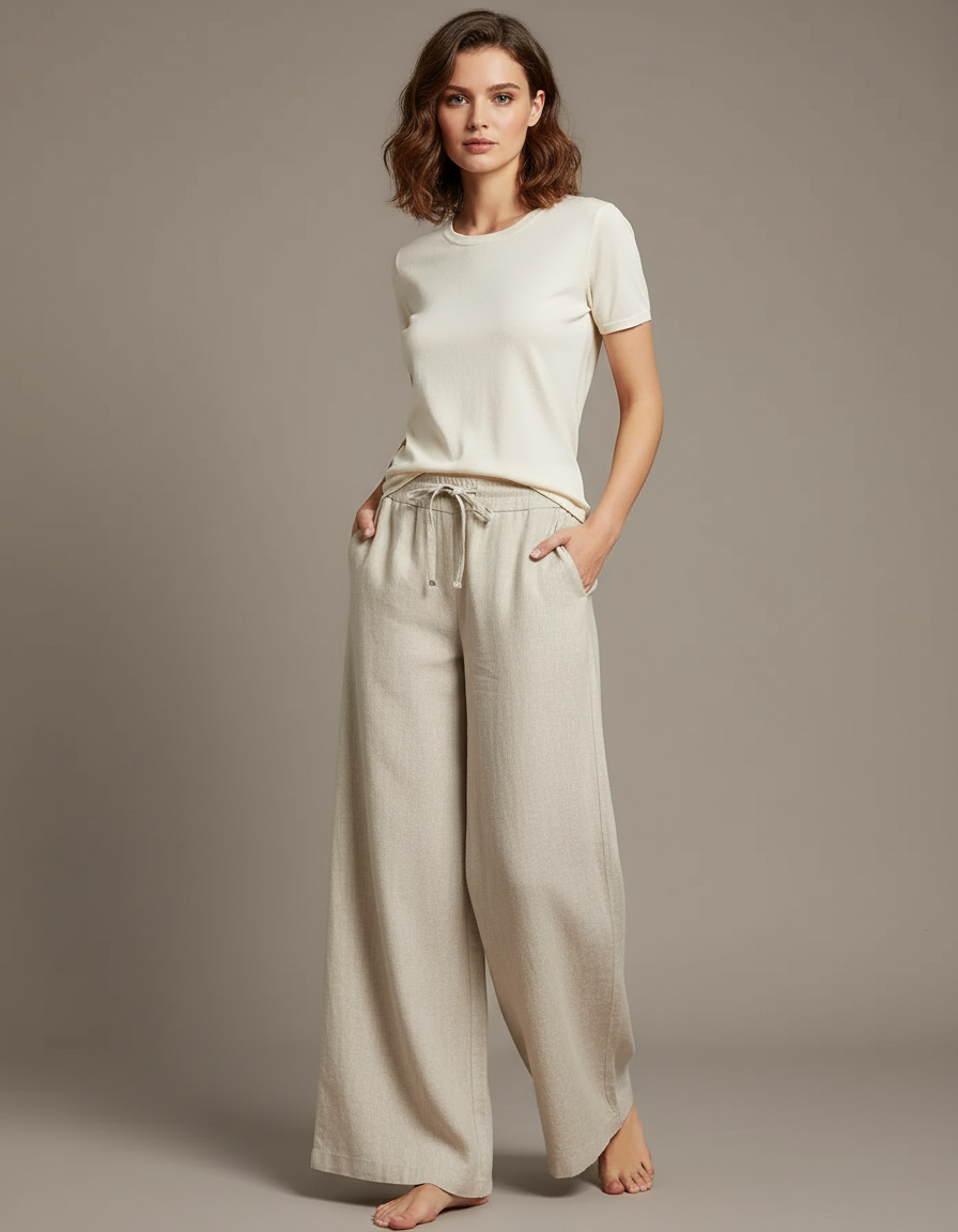 Pantalon Chino Beige Lin Ample Cordon Fluide