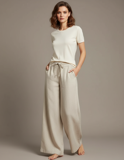 Pantalon Chino Beige Lin Ample Cordon Fluide