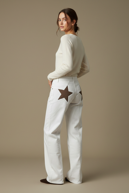 Pantalon Chino Blanc Étoiles Coupe Droite Femme - Jean