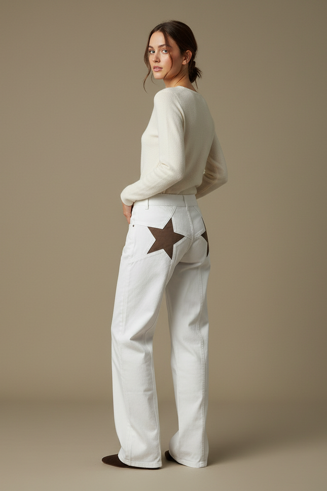 Pantalon Chino Blanc Étoiles Coupe Droite Femme - Jean