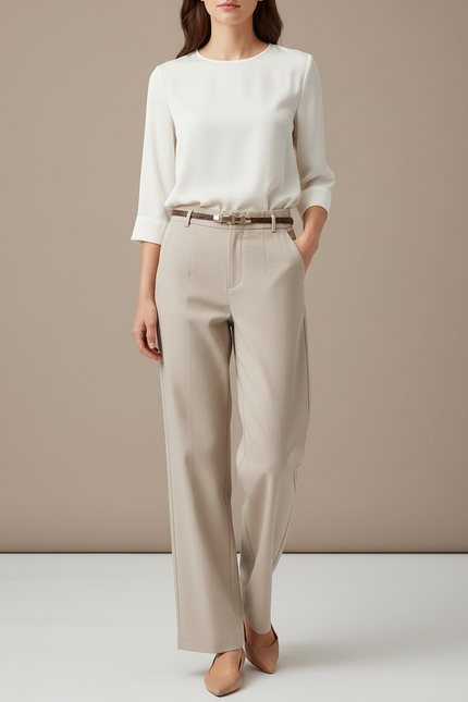 Pantalon Chino Femme Beige Coupe Ample - Gabardine