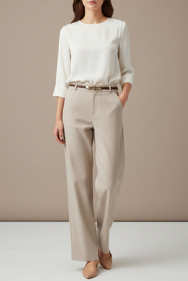 Pantalon Chino Femme Beige Coupe Ample - Gabardine