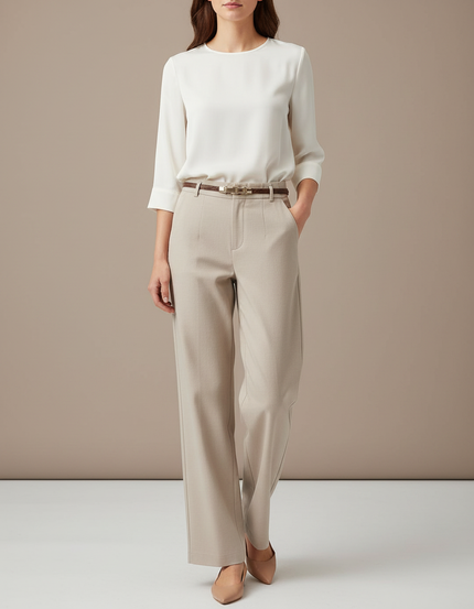 Pantalon Chino Femme Beige Coupe Ample - Gabardine