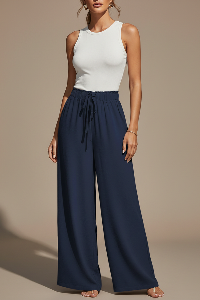 Pantalon Chino Bleu Marine Ample Fluide Décontracté Femme - Polyester
