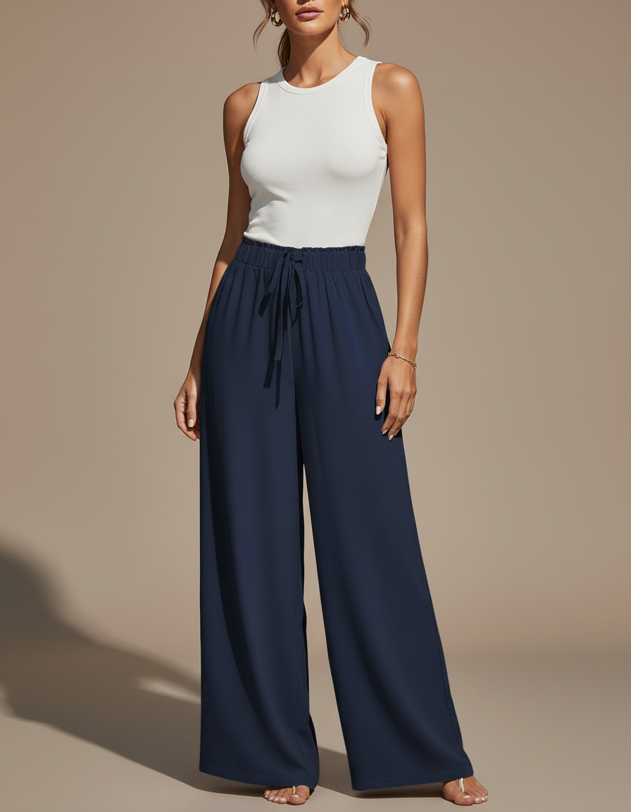 Pantalon Chino Bleu Marine Ample Fluide Décontracté Femme - Polyester