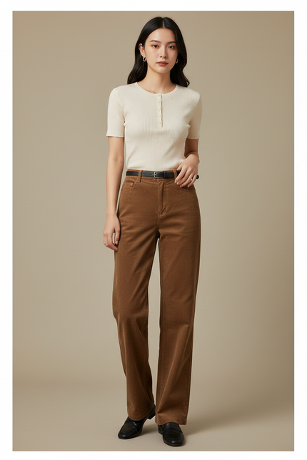 Pantalon Chino Marron Côtelé Taille Haute Ample Femme - Cordé