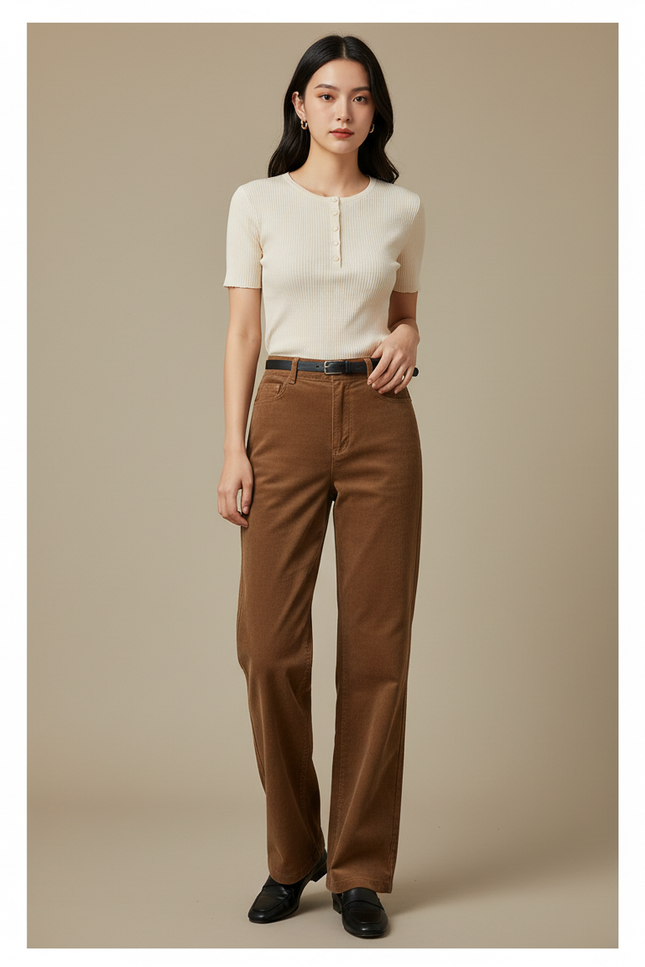 Pantalon Chino Marron Côtelé Taille Haute Ample Femme - Cordé