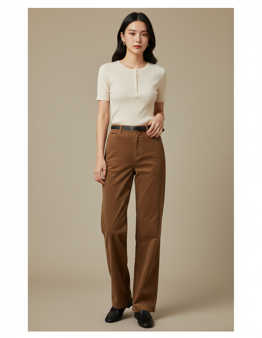 Pantalon Chino Marron Côtelé Taille Haute Ample Femme - Cordé