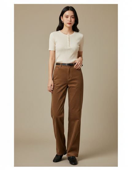 Pantalon Chino Marron Côtelé Taille Haute Ample Femme - Cordé