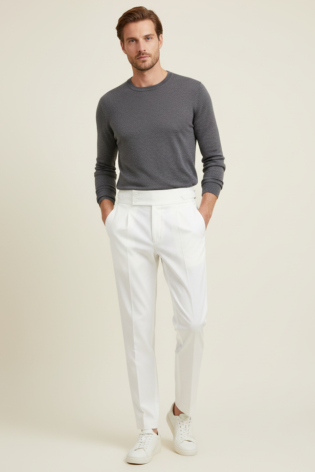 Pantalon Chino Blanc Taille Haute Plissé Droit Élégant Homme - Gabardine