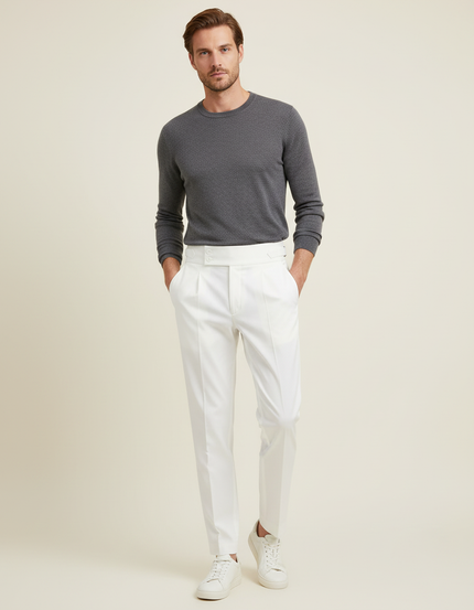 Pantalon Chino Blanc Taille Haute Plissé Droit Élégant Homme - Gabardine