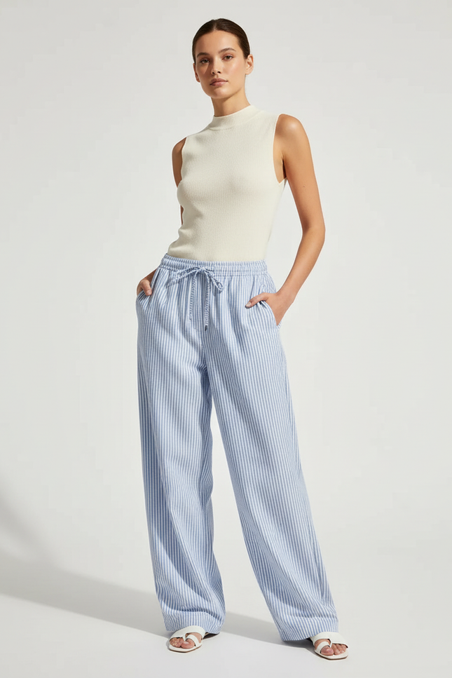 Pantalon Chino Rayé Bleu Clair Ample Décontracté Femme - Lin