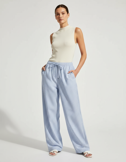 Pantalon Chino Rayé Bleu Clair Ample Décontracté Femme - Lin