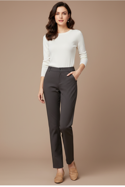 Pantalon Chino Gris Droit Extensible Formel Femme - Polyester