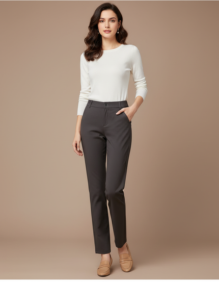 Pantalon Chino Gris Droit Extensible Formel Femme - Polyester