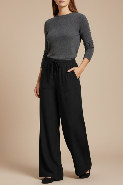 Pantalon Chino Noir Fluide Ample Décontracté Femme - Viscose
