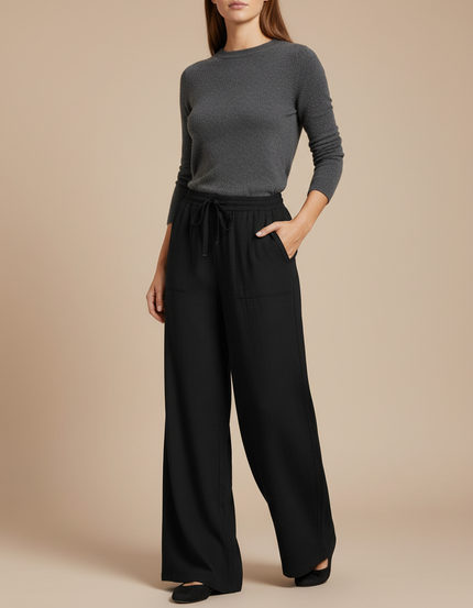 Pantalon Chino Noir Fluide Ample Décontracté Femme - Viscose