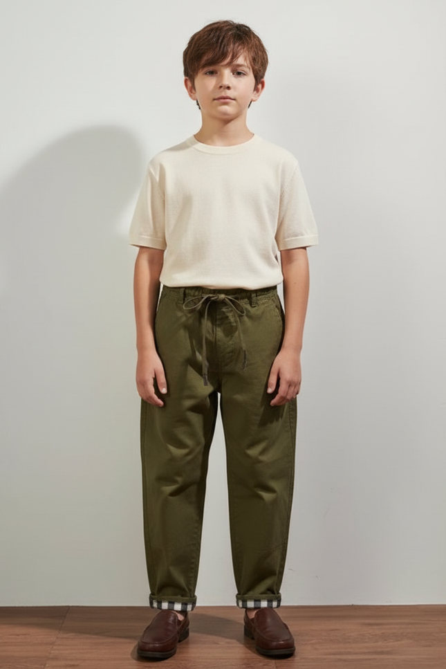 Pantalon Chino Vert Kaki Coton Décontracté Ample - Gabardine