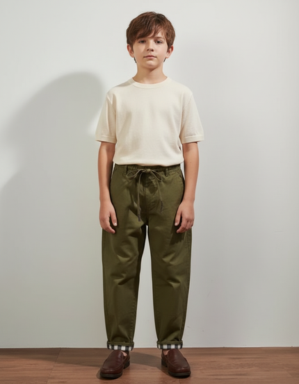 Pantalon Chino Vert Kaki Coton Décontracté Ample - Gabardine
