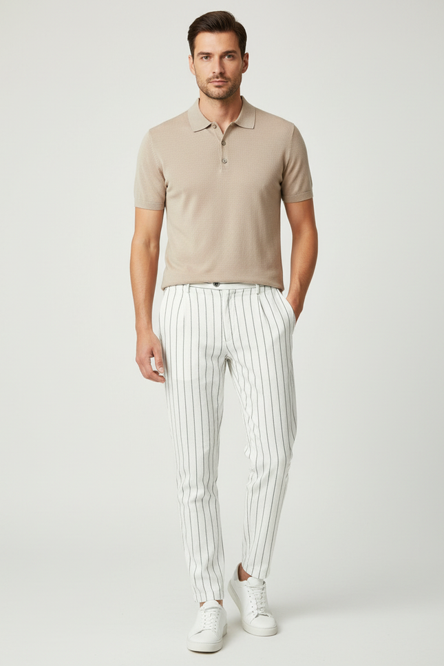 Pantalon Chino Blanc Rayé Slim Décontracté Homme - Coton