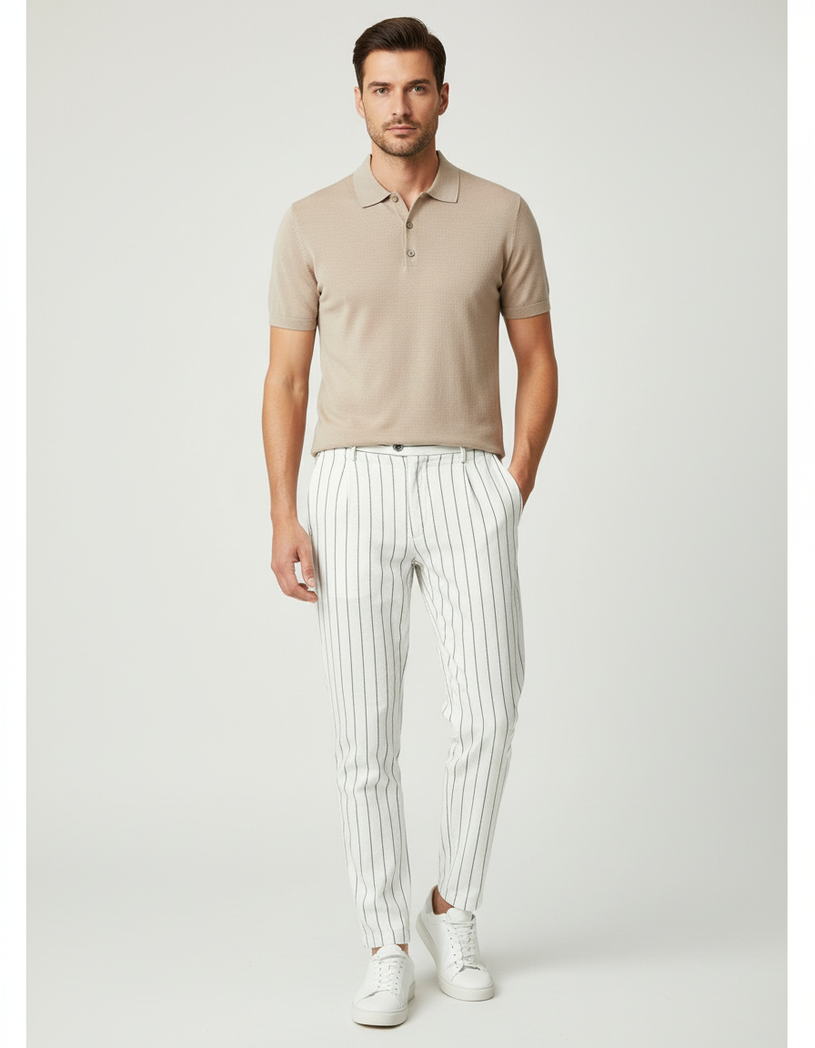 Pantalon Chino Blanc Rayé Slim Décontracté Homme - Coton