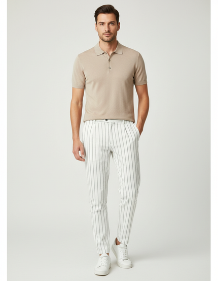 Pantalon Chino Blanc Rayé Slim Décontracté Homme - Coton