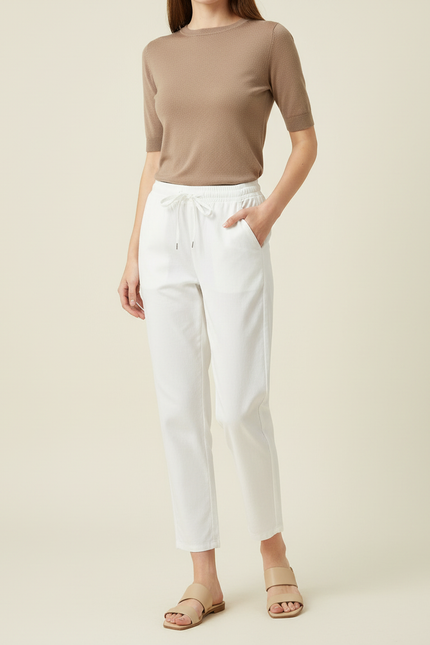 Pantalon Chino Blanc Cordon Décontracté Femme - Coton