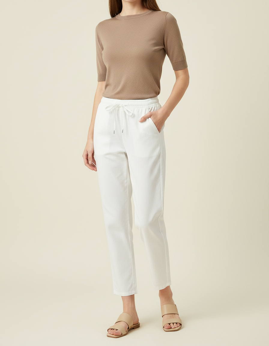Pantalon Chino Blanc Cordon Décontracté Femme - Coton