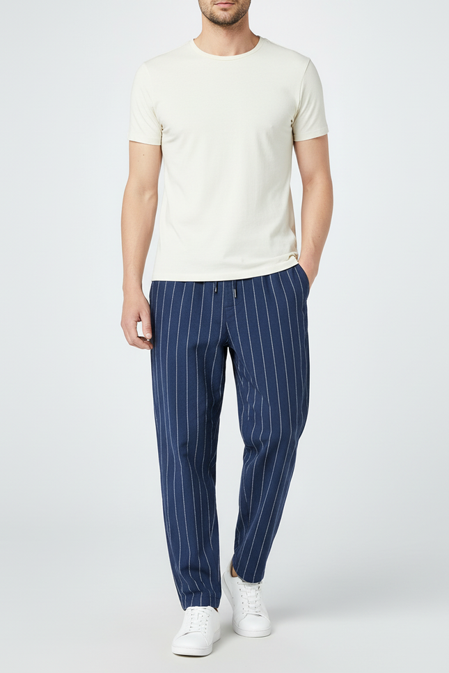 Pantalon Chino Bleu Marine Rayé Décontracté Homme Coton