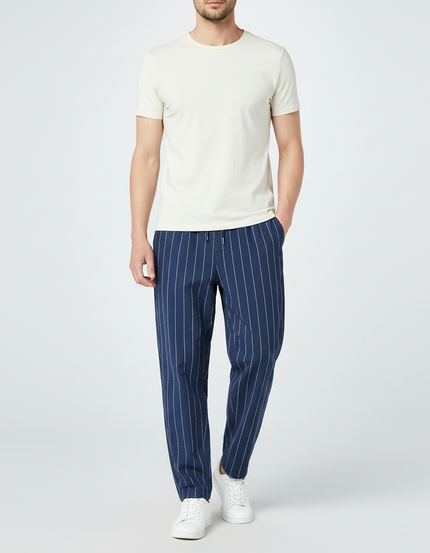 Pantalon Chino Bleu Marine Rayé Décontracté Homme Coton