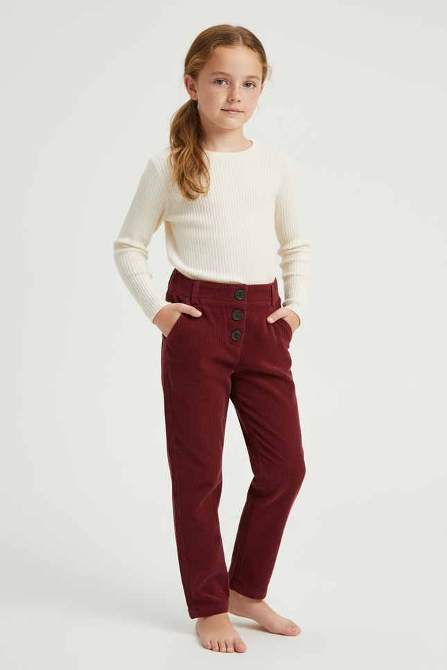 Pantalon Chino Bordeaux Côtelé Taille Haute Fille - Cordé