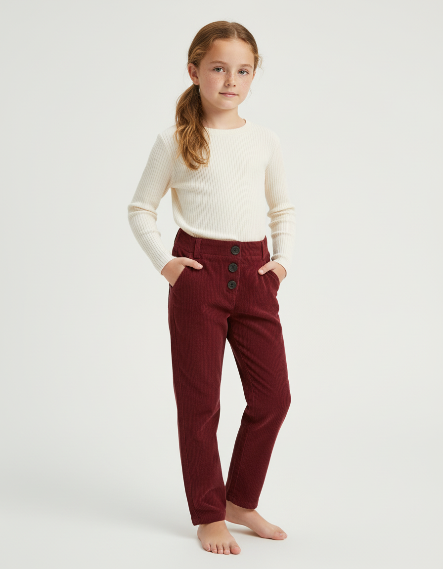 Pantalon Chino Bordeaux Côtelé Taille Haute Fille - Cordé