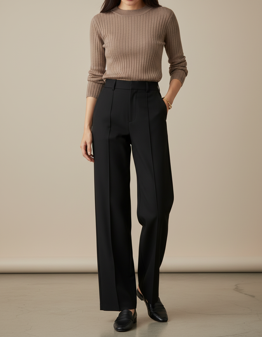 Pantalon Chino Femme Noir Large Stretch - Gabardine