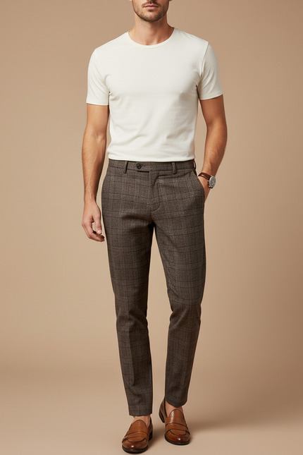 Pantalon Chino Marron Carreaux Slim Élégant Homme - Tweed