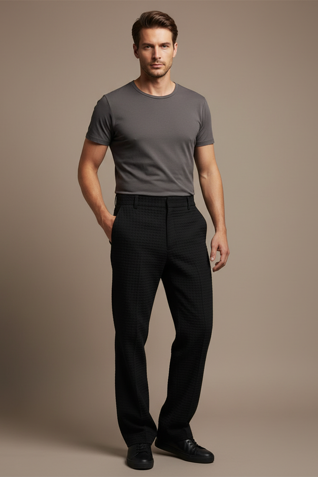 Pantalon Chino Noir Gaufré Coupe Droite Homme - Polyester
