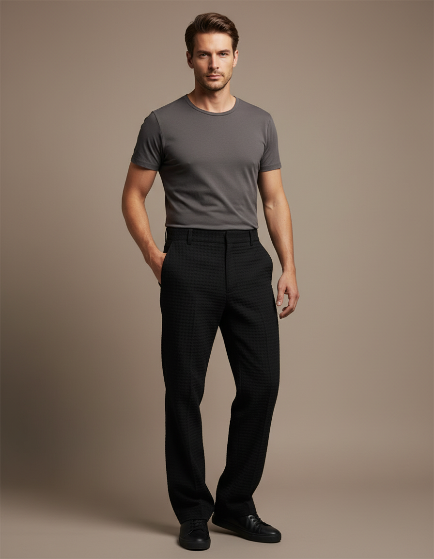 Pantalon Chino Noir Gaufré Coupe Droite Homme - Polyester